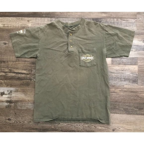 Vintage Harley Davidson 3-Button Mens Large Pocket Shirt Green Short Sleeve - Picture 1 of 6